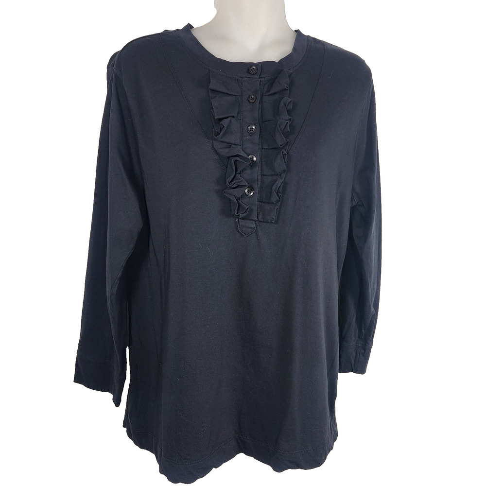 Adrienne Vittadini Women Top Pima Cotton Button Placket Ruffles Black 3/4 Slv L